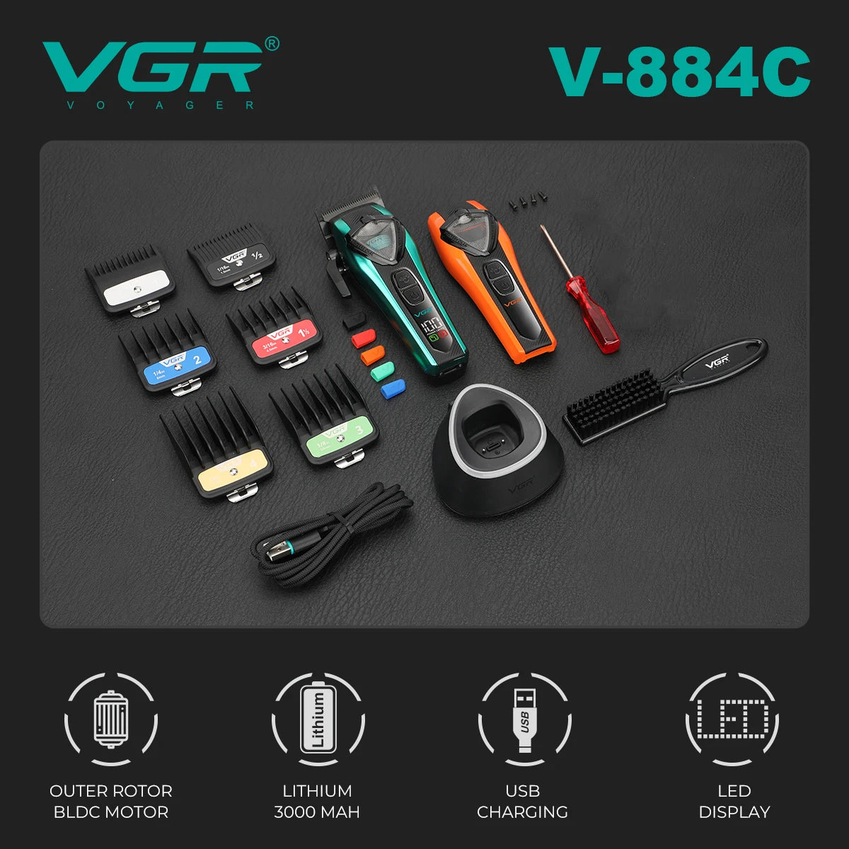 VGR Hair Trimmer Professional Hair Clipper External Rotor Motor Hair Trimmer Lever Grips Mim Blade Barber Trimmer for Men V-884