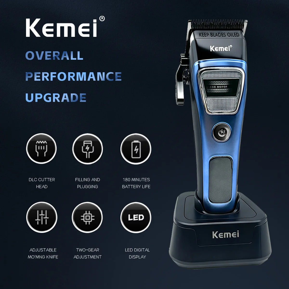 Kemei Clippers Professional Hair Clippers Adjustable Haircut Machine External Rotor Brushless Motor Hair Clippers Men KM-1911