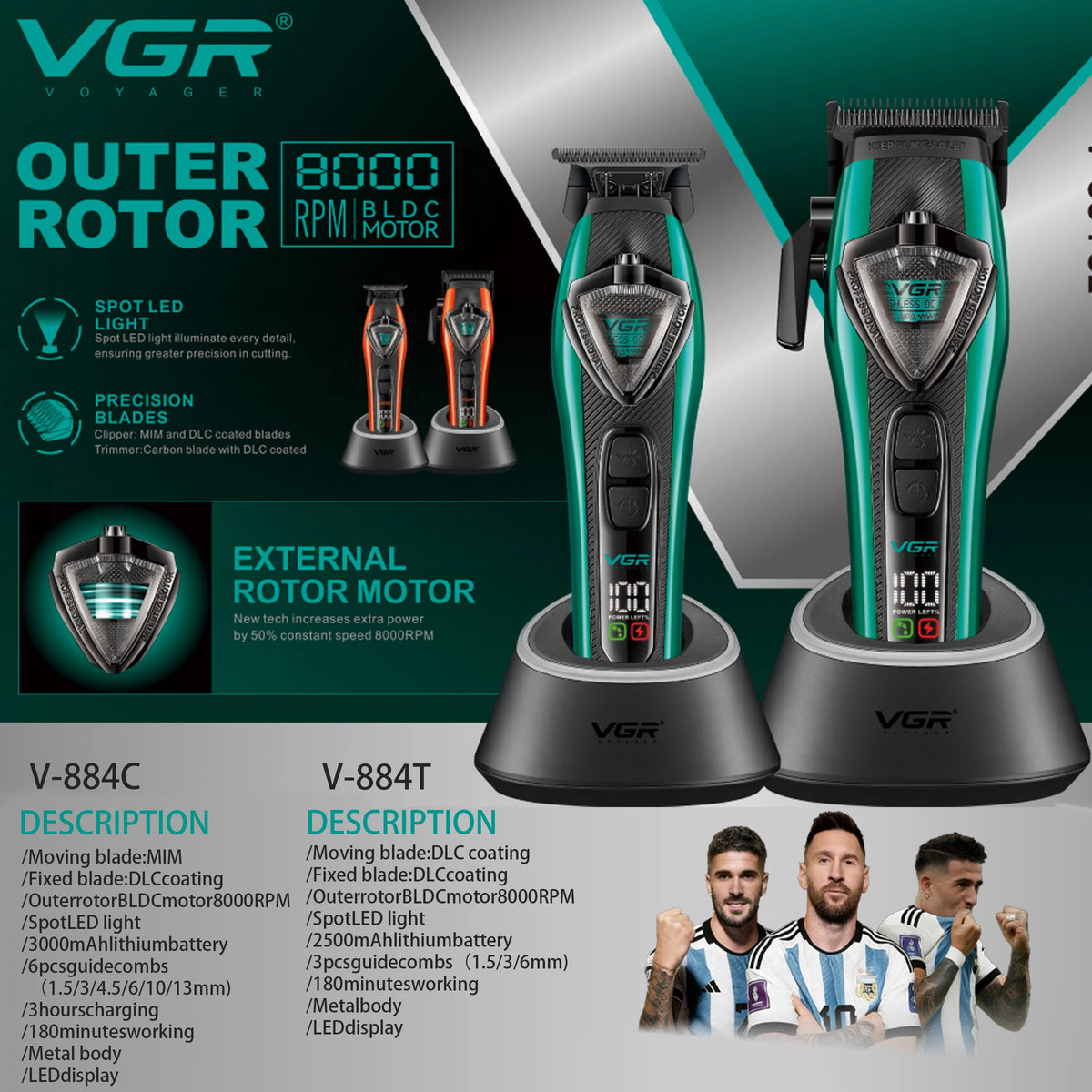 VGR Hair Trimmer Professional Hair Clipper External Rotor Motor Hair Trimmer Lever Grips Mim Blade Barber Trimmer for Men V-884