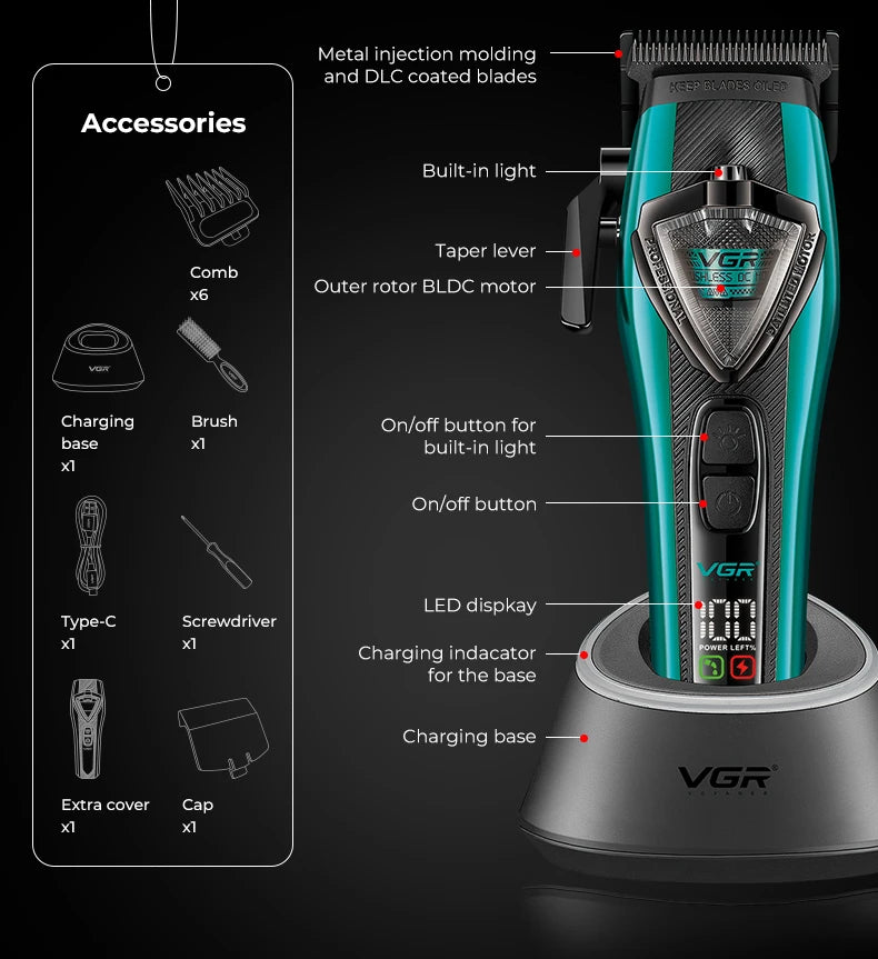 VGR Hair Trimmer Professional Hair Clipper External Rotor Motor Hair Trimmer Lever Grips Mim Blade Barber Trimmer for Men V-884