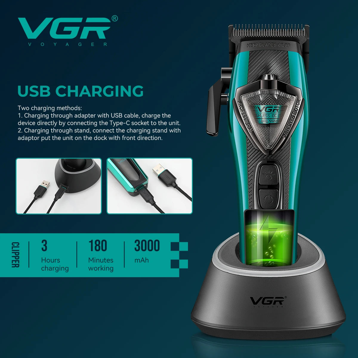 VGR Hair Trimmer Professional Hair Clipper External Rotor Motor Hair Trimmer Lever Grips Mim Blade Barber Trimmer for Men V-884