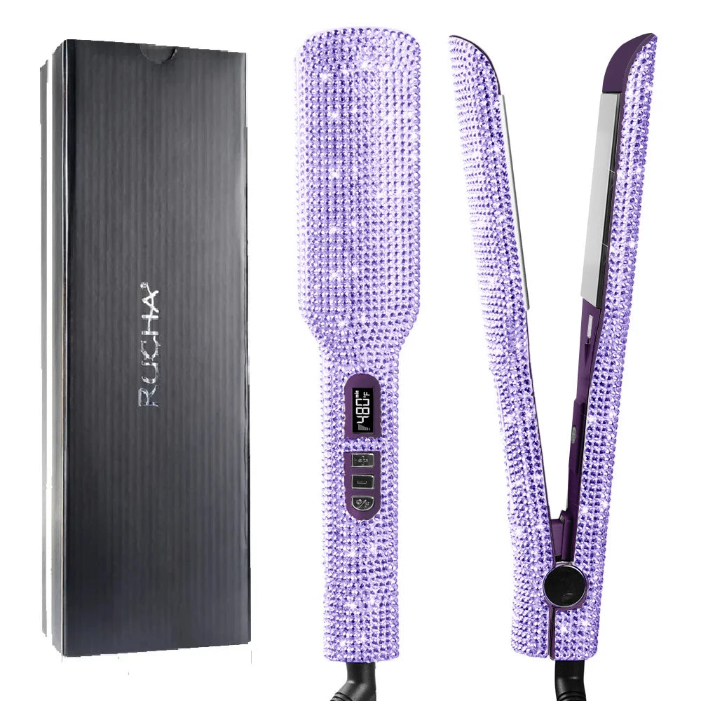 Rhinestone Flat Iron Titanium Hair Straightener Dual Voltage Iron Professional Hair Tools LCD Display 2 Inch Plate Irons