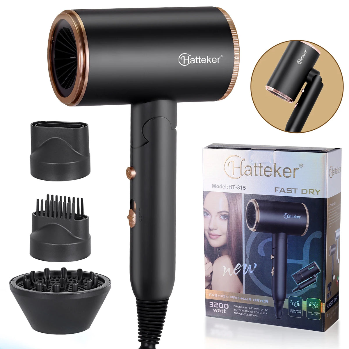 Hatteker Foldable Negative Ion Hair Dryer Student 3 Temperature Control Hair Blower Compact Portable Hairdryer for Students
