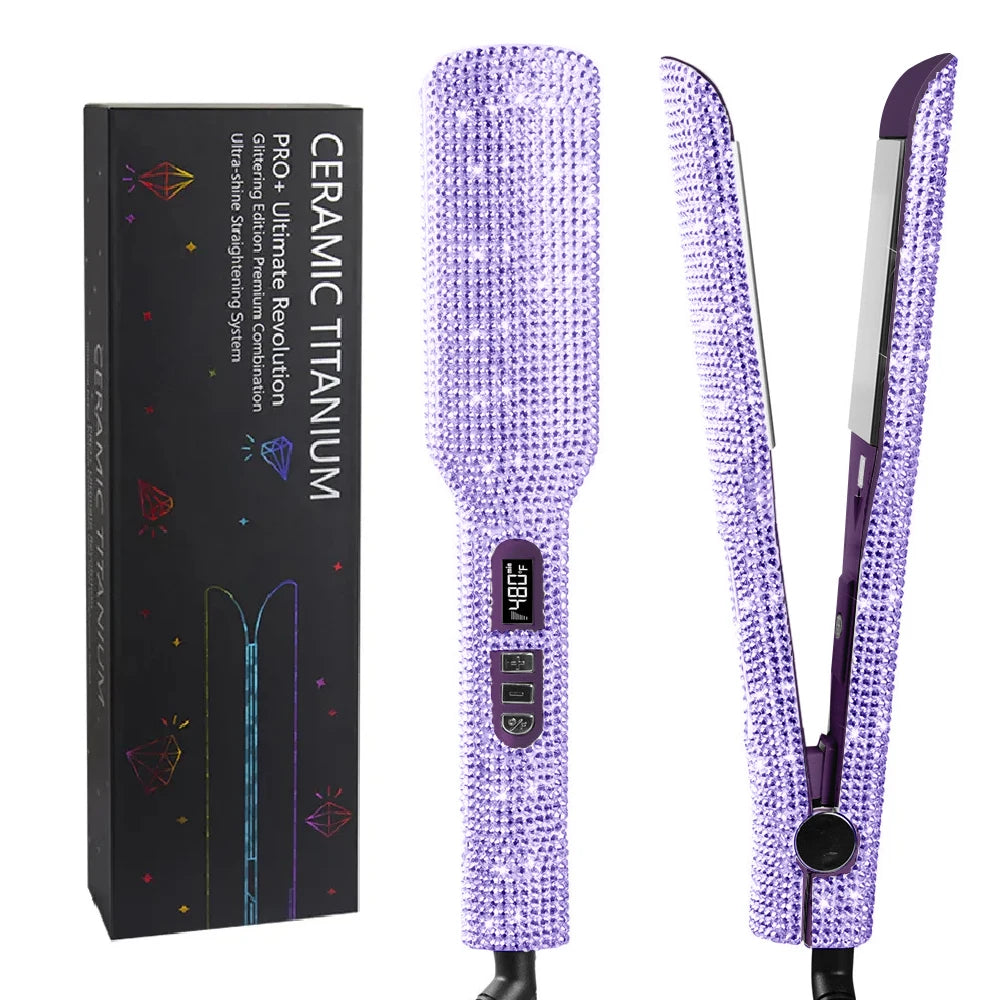 Rhinestone Flat Iron Titanium Hair Straightener Dual Voltage Iron Professional Hair Tools LCD Display 2 Inch Plate Irons
