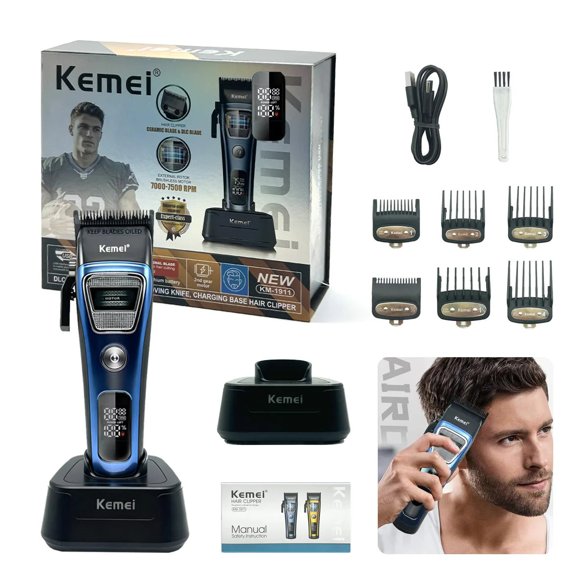 Kemei Clippers Professional Hair Clippers Adjustable Haircut Machine External Rotor Brushless Motor Hair Clippers Men KM-1911