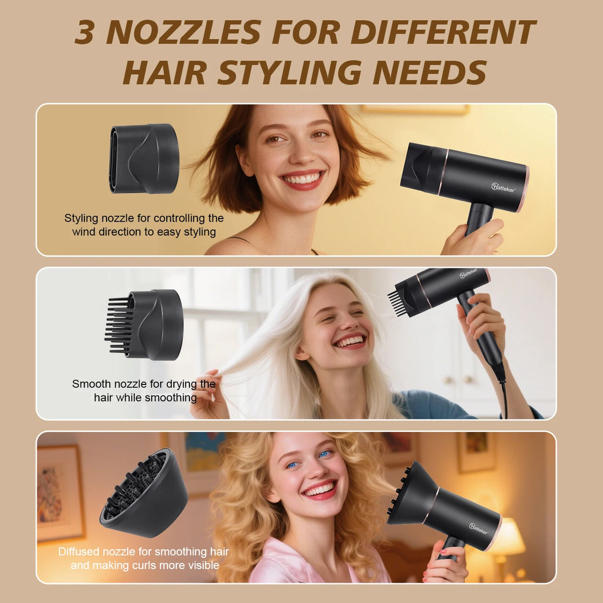 Hatteker Foldable Negative Ion Hair Dryer Student 3 Temperature Control Hair Blower Compact Portable Hairdryer for Students