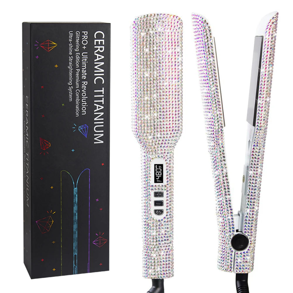 Rhinestone Flat Iron Titanium Hair Straightener Dual Voltage Iron Professional Hair Tools LCD Display 2 Inch Plate Irons