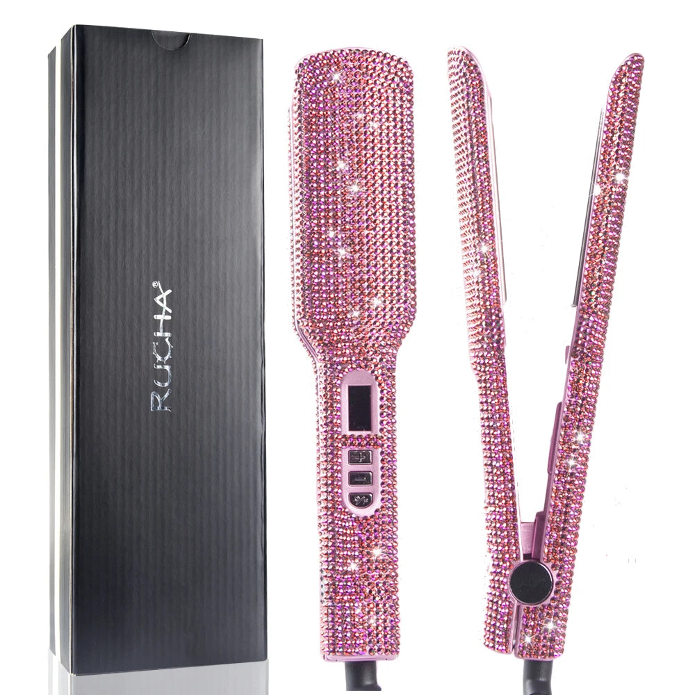 Rhinestone Flat Iron Titanium Hair Straightener Dual Voltage Iron Professional Hair Tools LCD Display 2 Inch Plate Irons