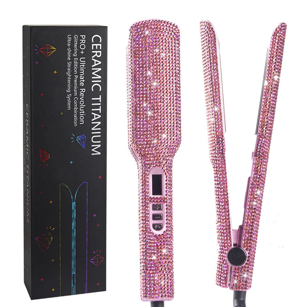 Rhinestone Flat Iron Titanium Hair Straightener Dual Voltage Iron Professional Hair Tools LCD Display 2 Inch Plate Irons